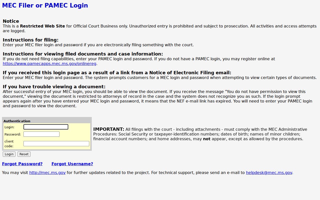 Itawamba County docket search PAMEC login fields
