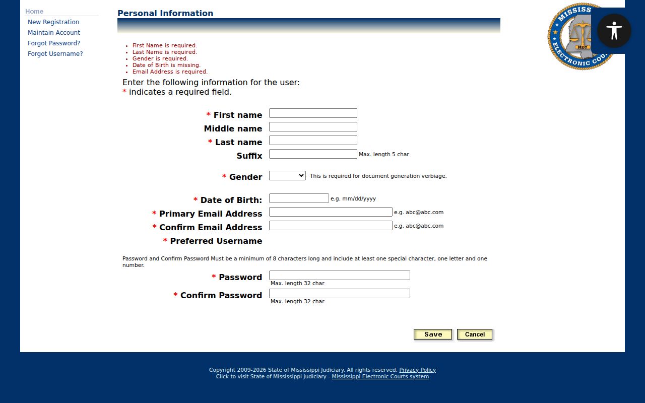 Itawamba County docket search PAMEC registration form