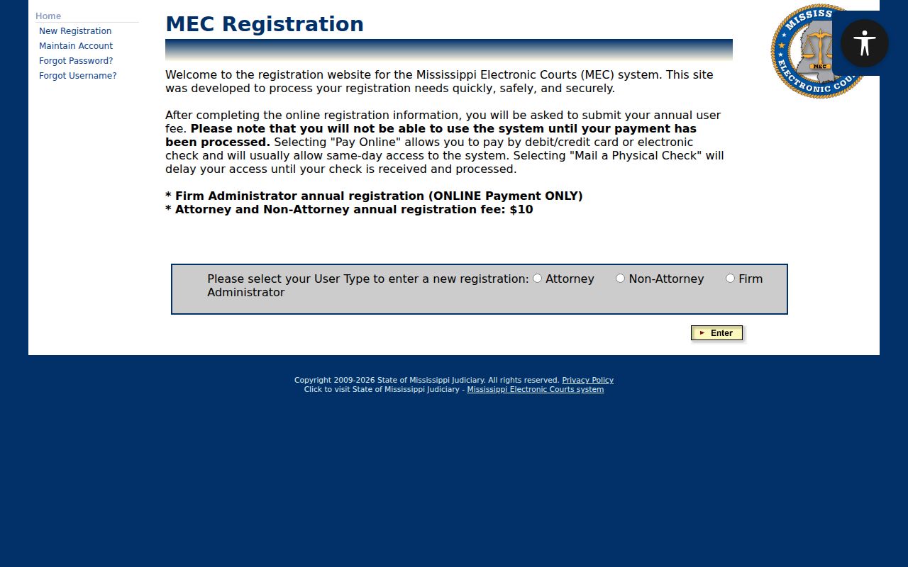 Itawamba County docket search PAMEC registration page