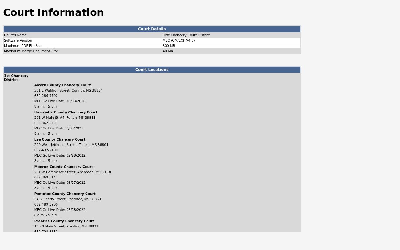 Itawamba County civil court docket details in First Chancery MEC