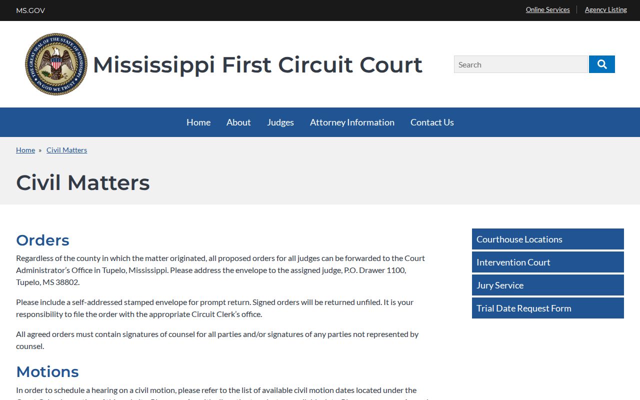 Itawamba County civil court docket setting instructions for trials and motions