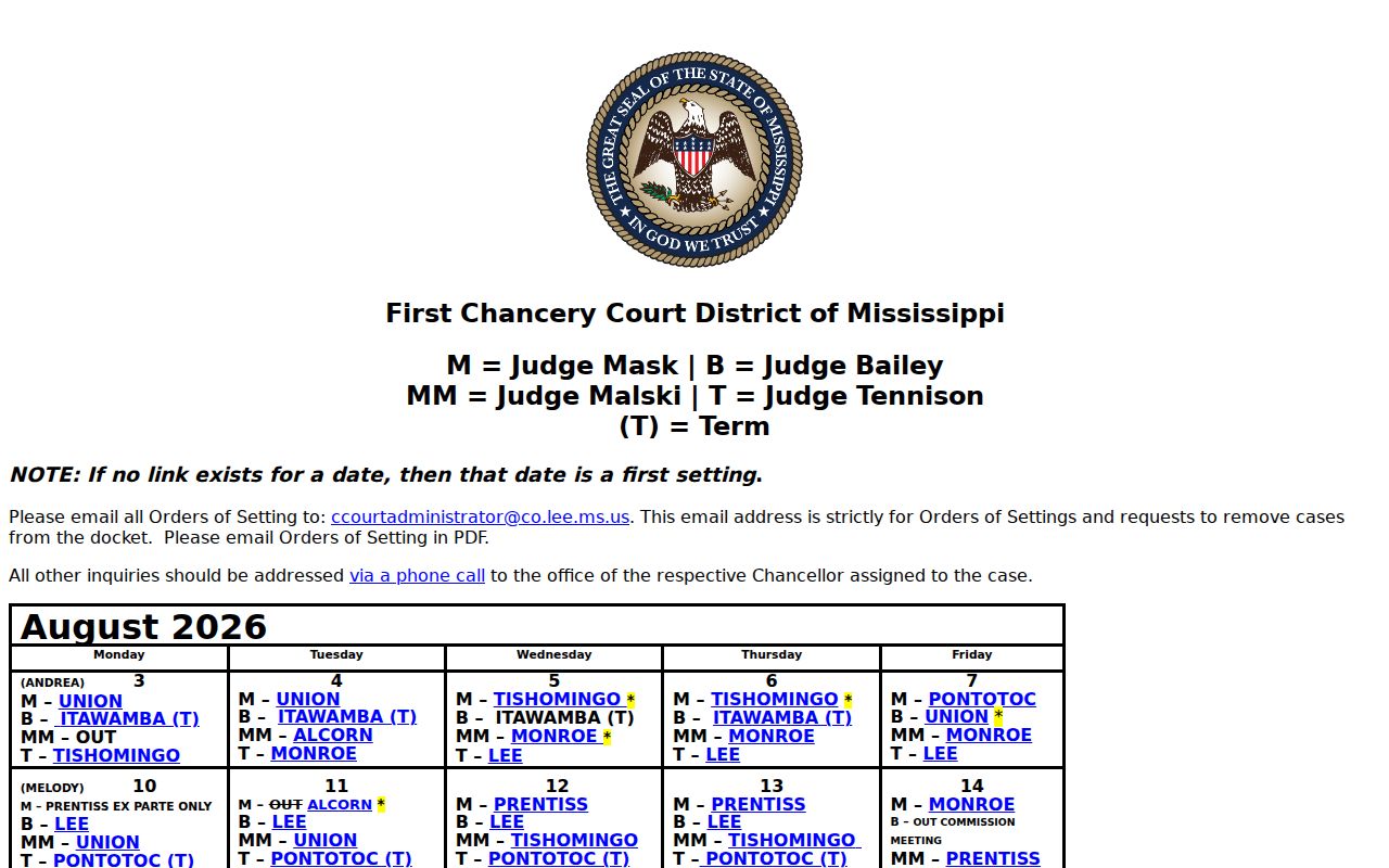 Itawamba County court schedule in the First Chancery calendar