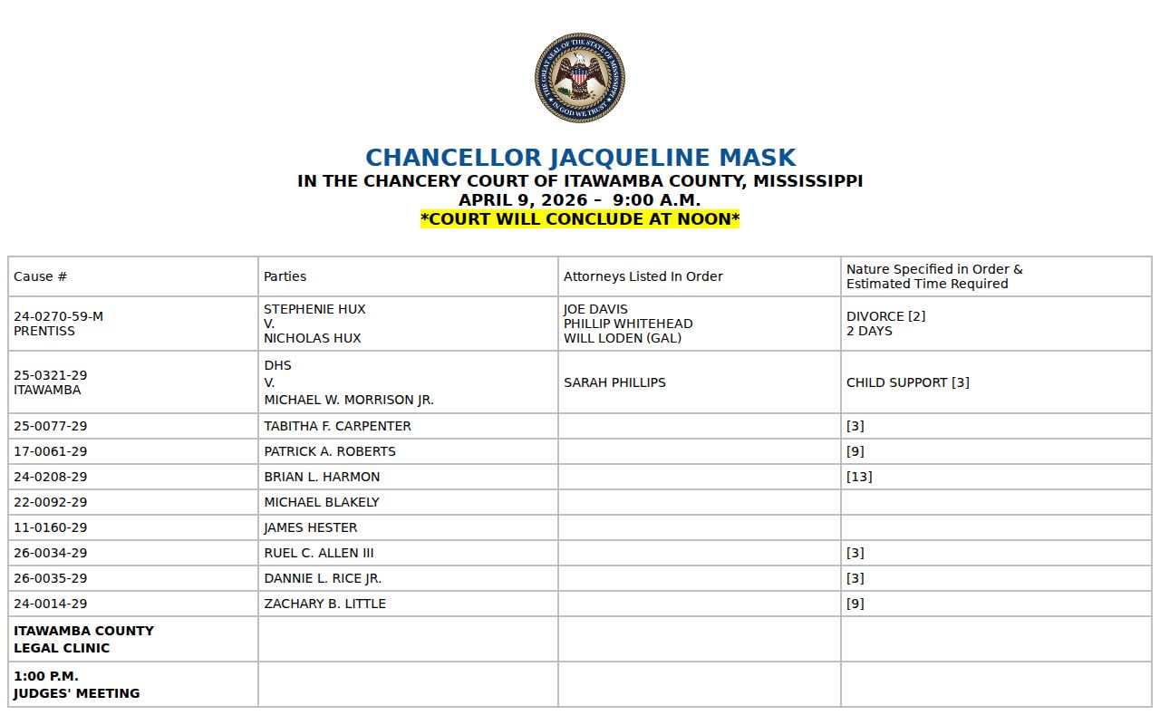Itawamba County court schedule setting page with cause number and hearing fields