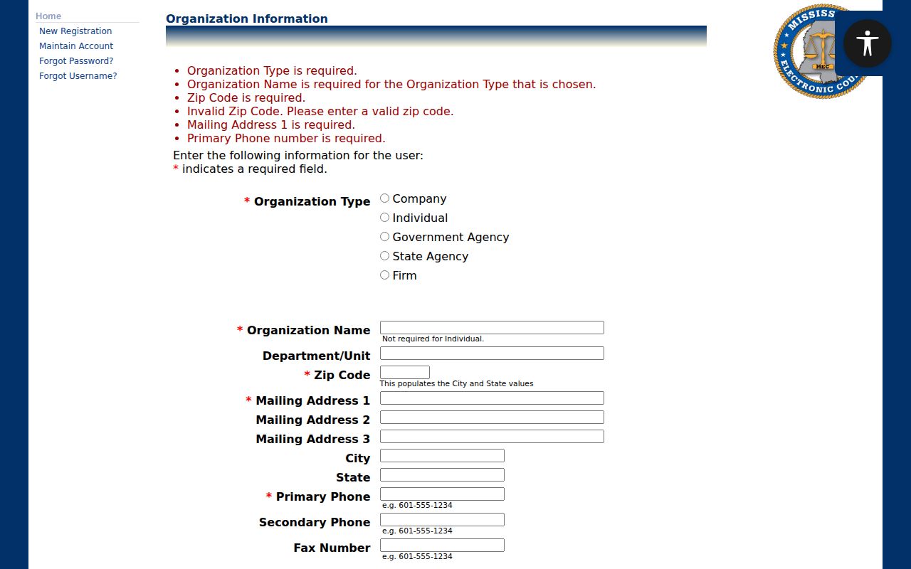 Itawamba County court case records PAMEC organization registration form
