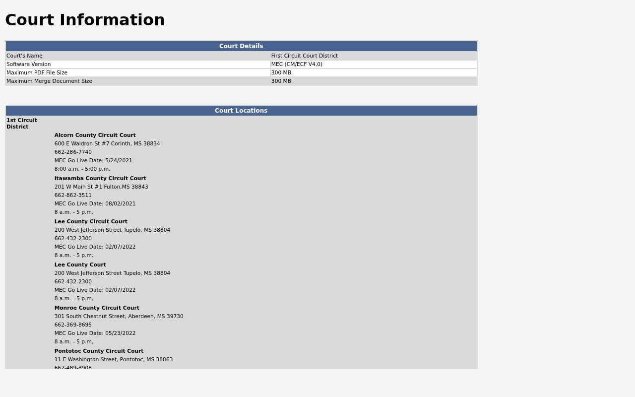 Itawamba County criminal court docket status flags in First Circuit MEC